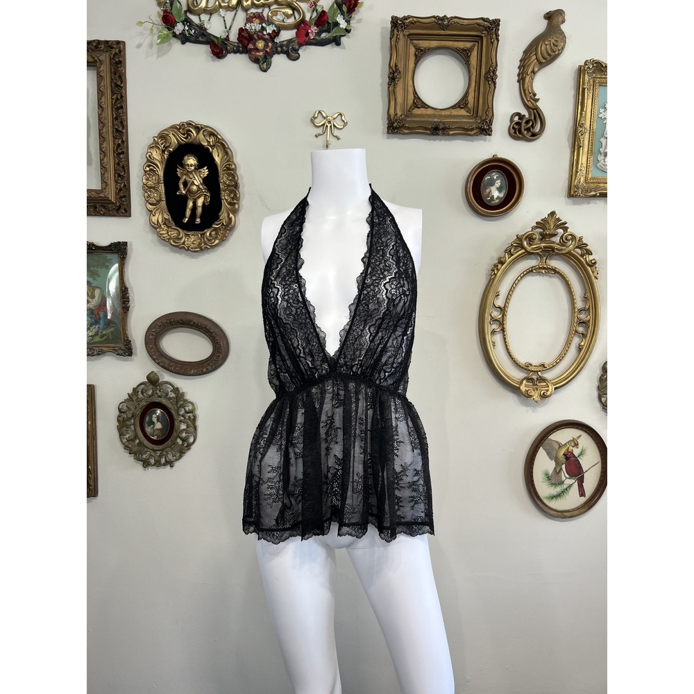 Victoria's Secret Vintage‎ Y2K Black Lace Halter Babydoll Slip S M